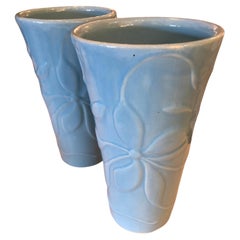 Vintage Striking Pair of Sky Blue Pottery Vases