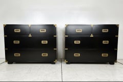 Striking Pair of Vintage Henredon Campaign Chests in Black Lacquer