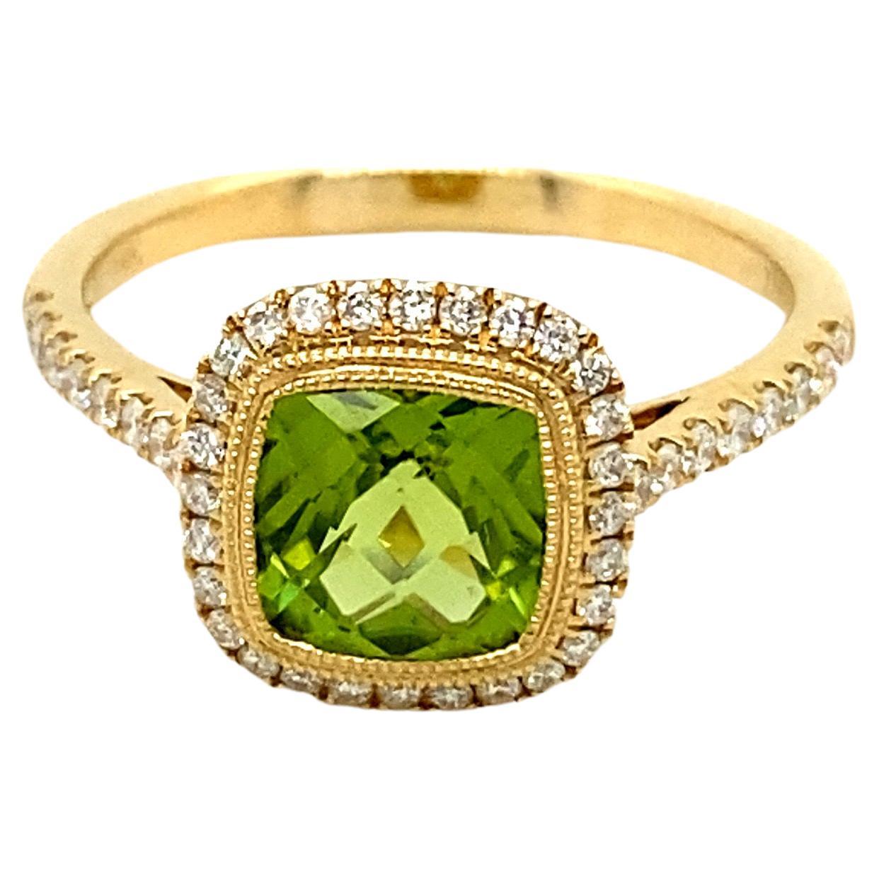 Striking Peridot Ring W Cushion-Cut Natural Peridot W Diamond Halo & Accents