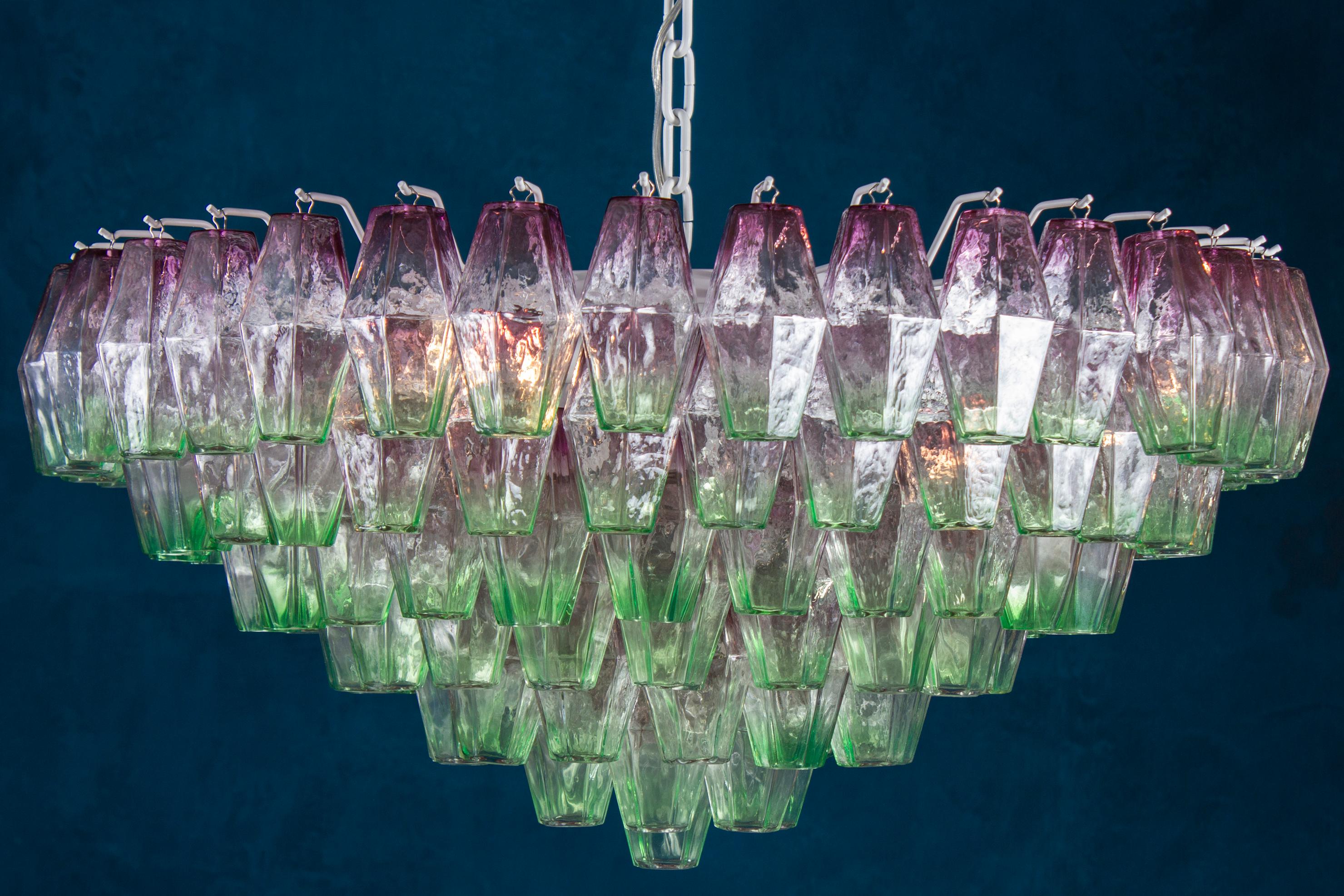 Mid-Century Modern Striking Poliedri Pink and Green Murano Glass Chandelier, 1970 For Sale