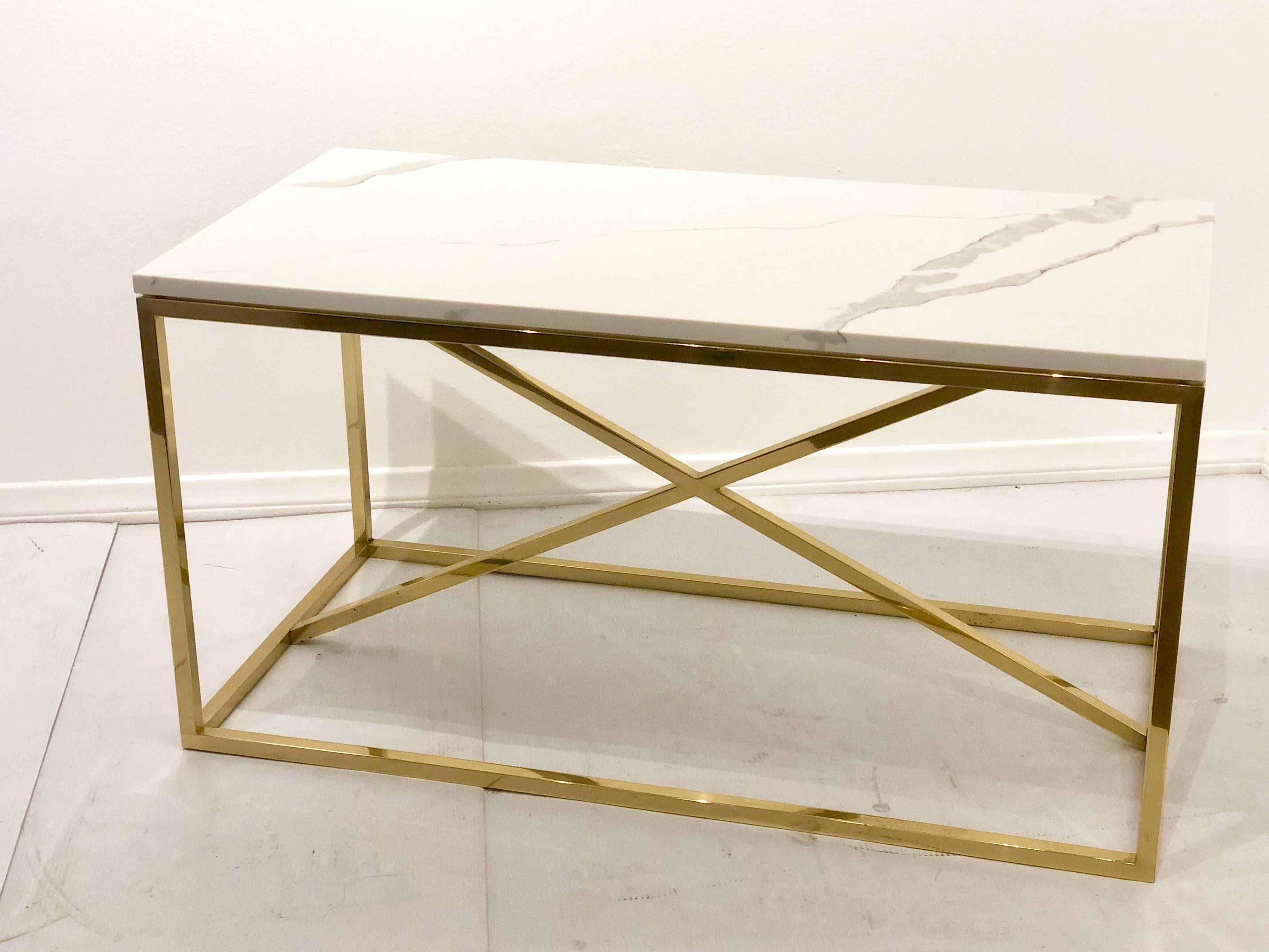 Post-Modern Striking Polished Brass and Marble Coffee Table x Base