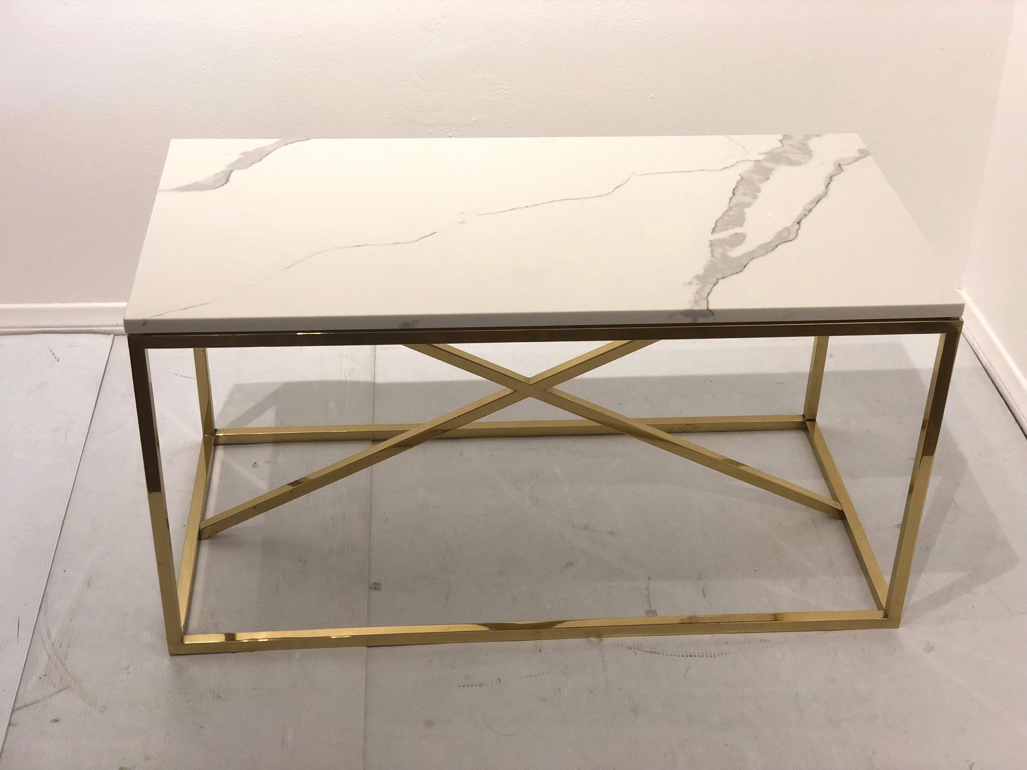 20th Century Striking Polished Brass and Marble Coffee Table x Base