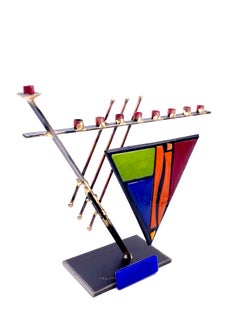 Striking Postmodern Menorah in Fused Glass Steel & Brass