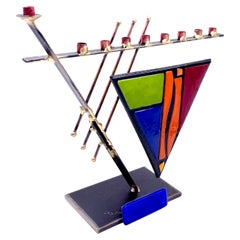 Vintage Striking Postmodern Menorah in Fused Glass Steel & Brass