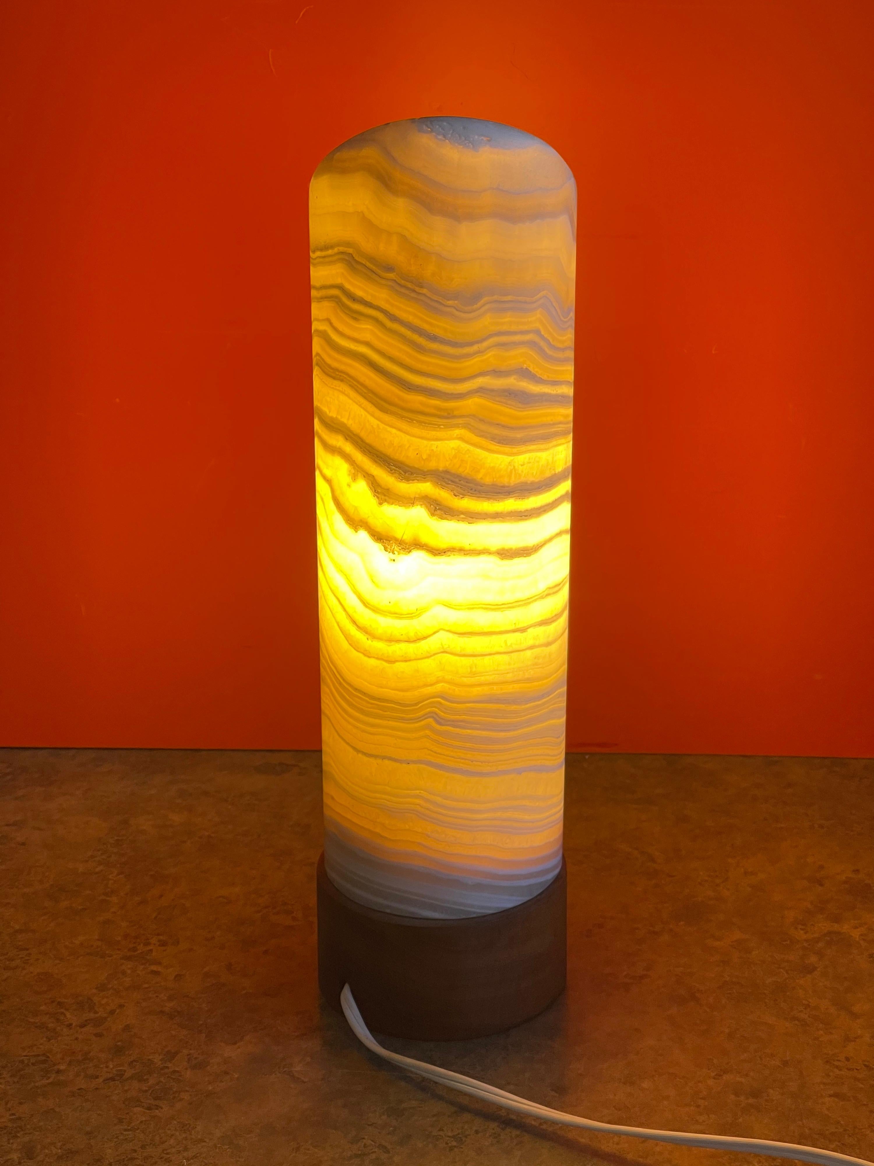 Mexican Striking Postmodern Travertine & Teak Column Table Lamp  For Sale
