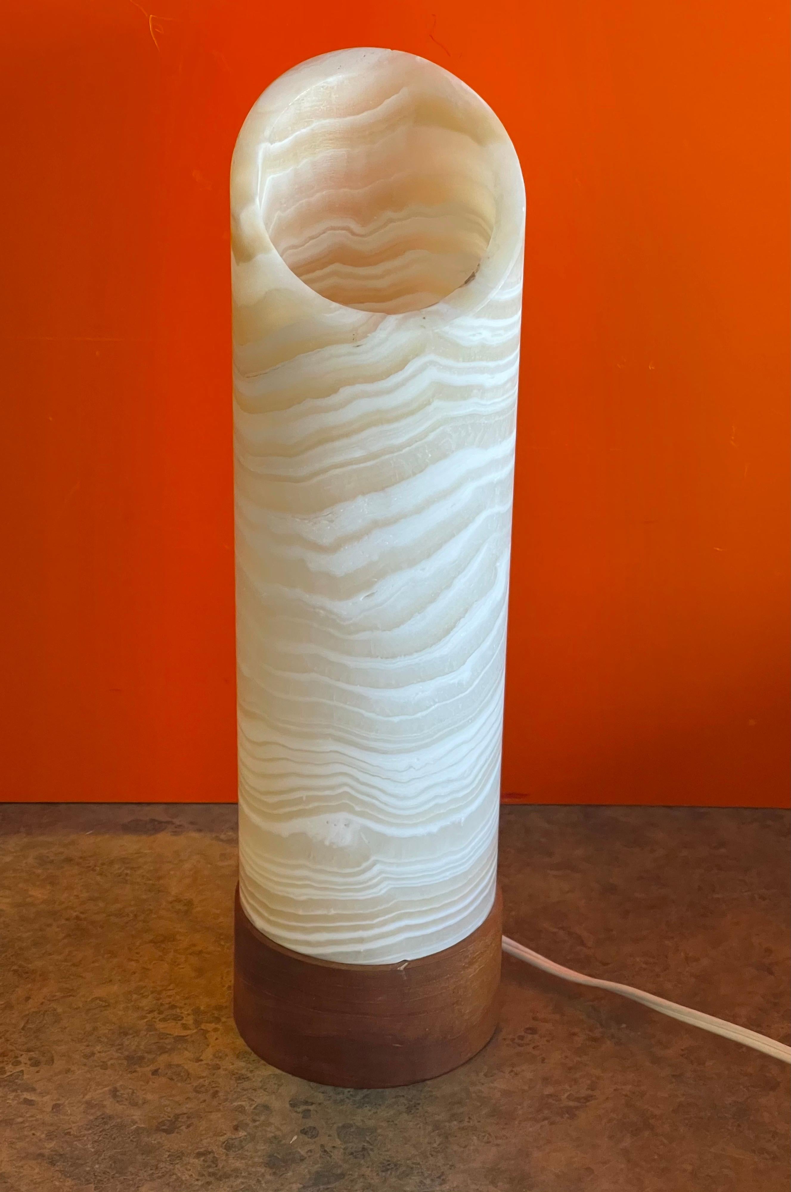 Striking Postmodern Travertine & Teak Column Table Lamp  For Sale 1