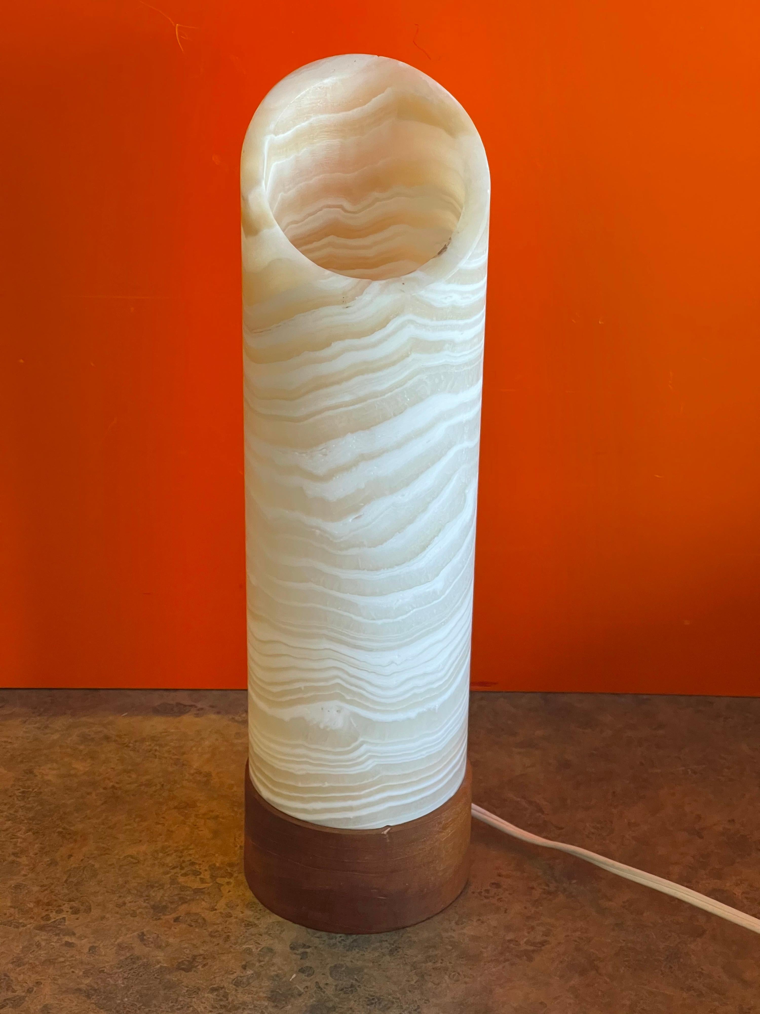 Striking Postmodern Travertine & Teak Column Table Lamp  For Sale 3