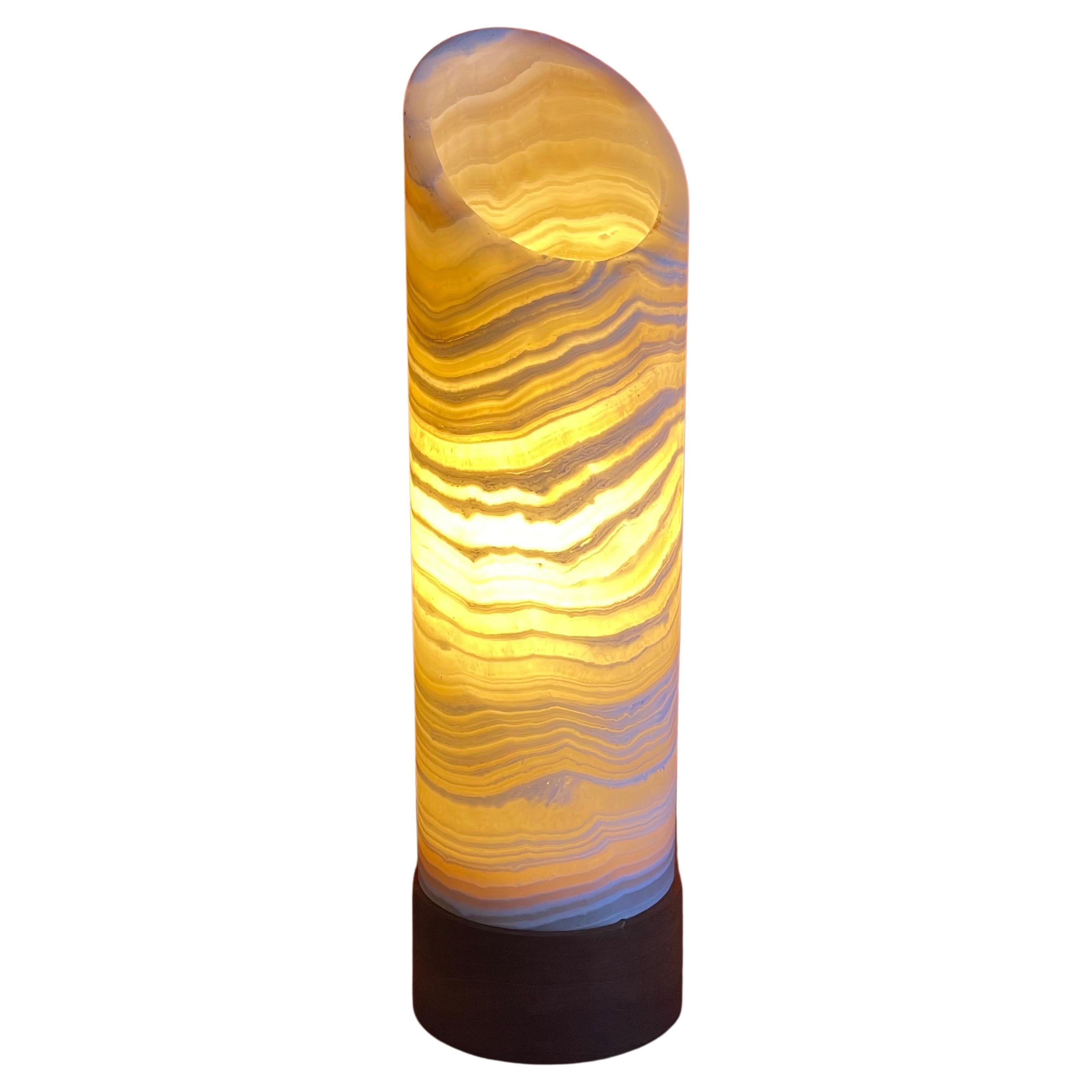 Striking Postmodern Travertine & Teak Column Table Lamp 