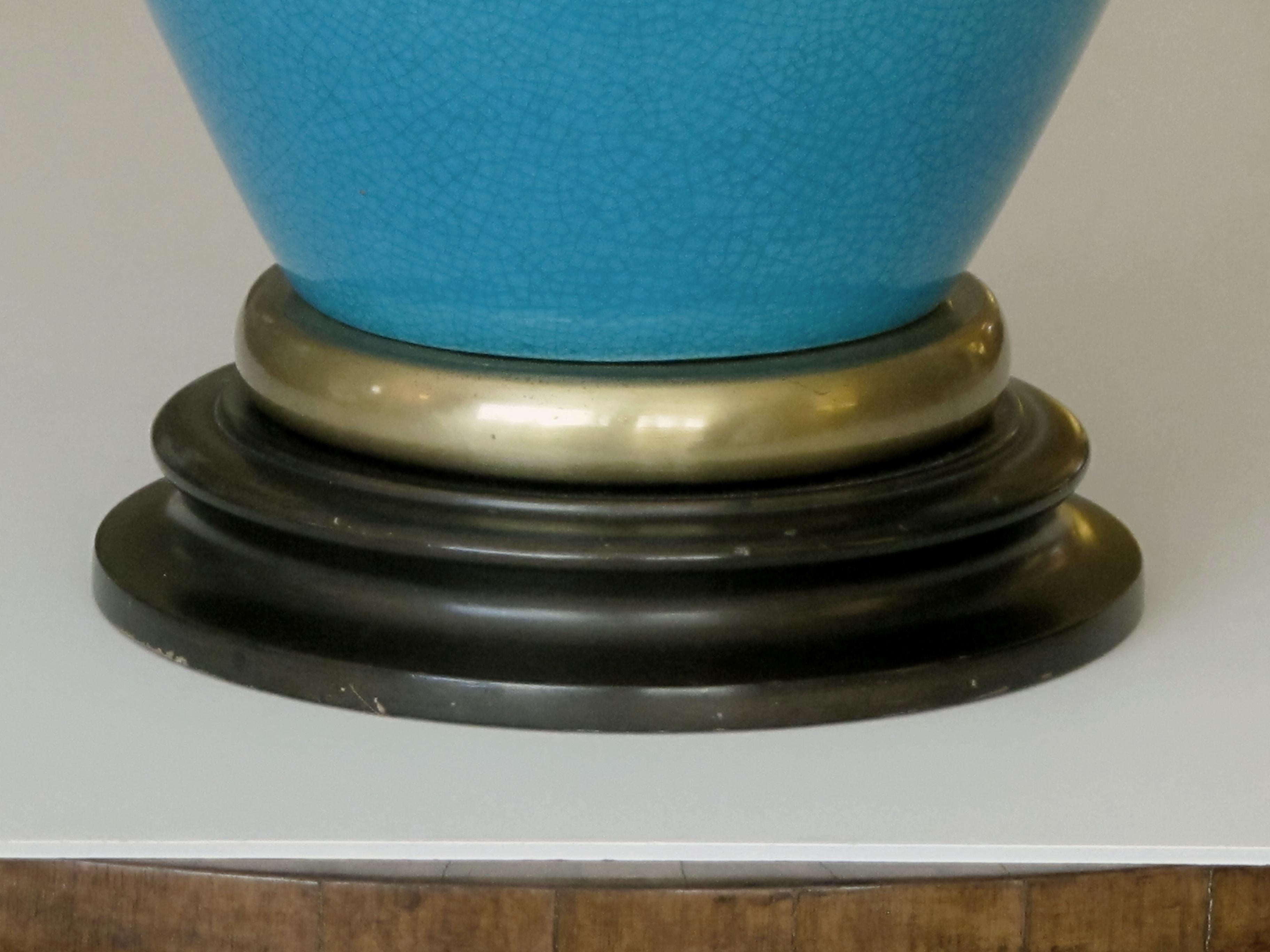 Mid-20th Century Striking American Turquoise Crackle-Glaze Ceramic Lamps, Frederick Cooper, Pair For Sale