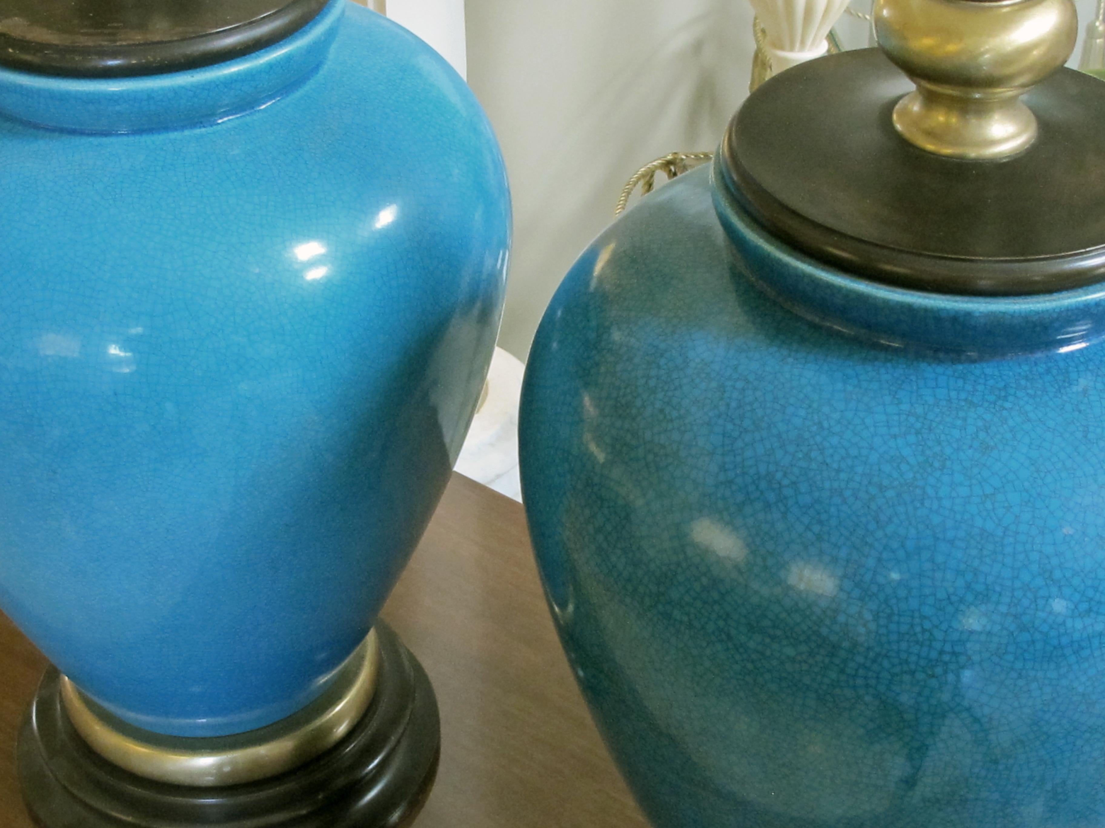 Striking American Turquoise Crackle-Glaze Ceramic Lamps, Frederick Cooper, Pair For Sale 2
