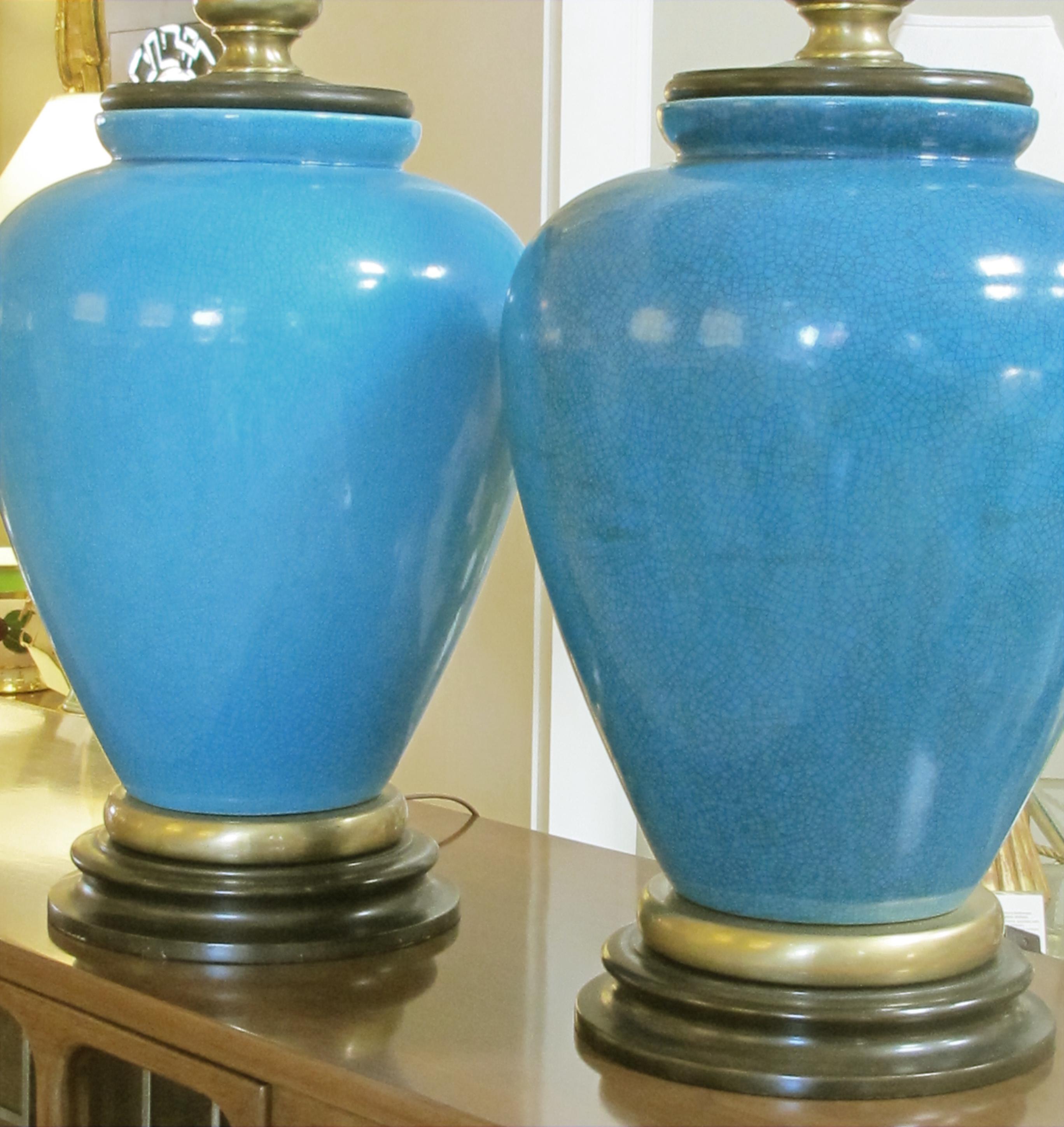 Striking American Turquoise Crackle-Glaze Ceramic Lamps, Frederick Cooper, Pair For Sale 3