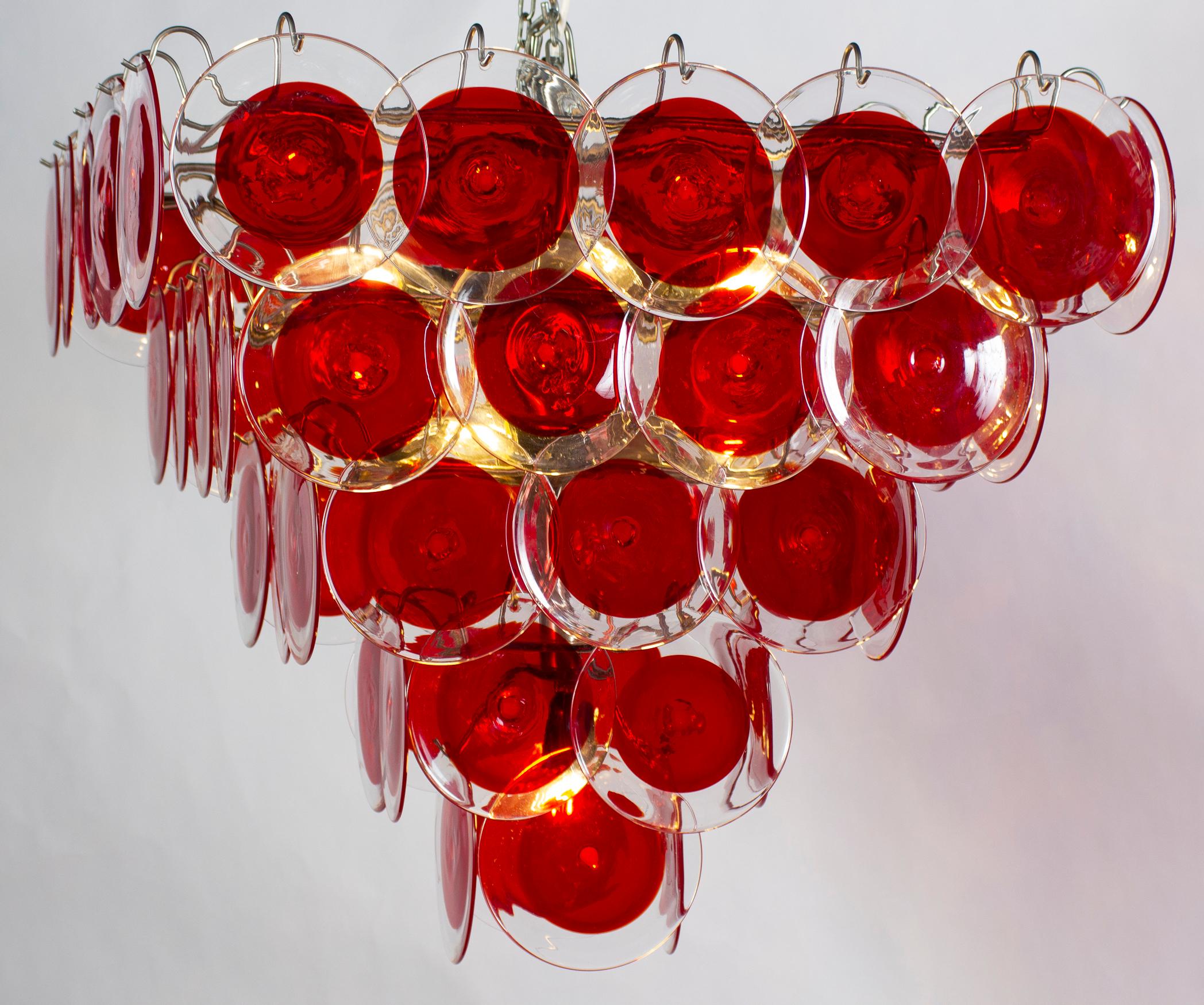 Italian Striking Red Disc Murano Chandelier For Sale