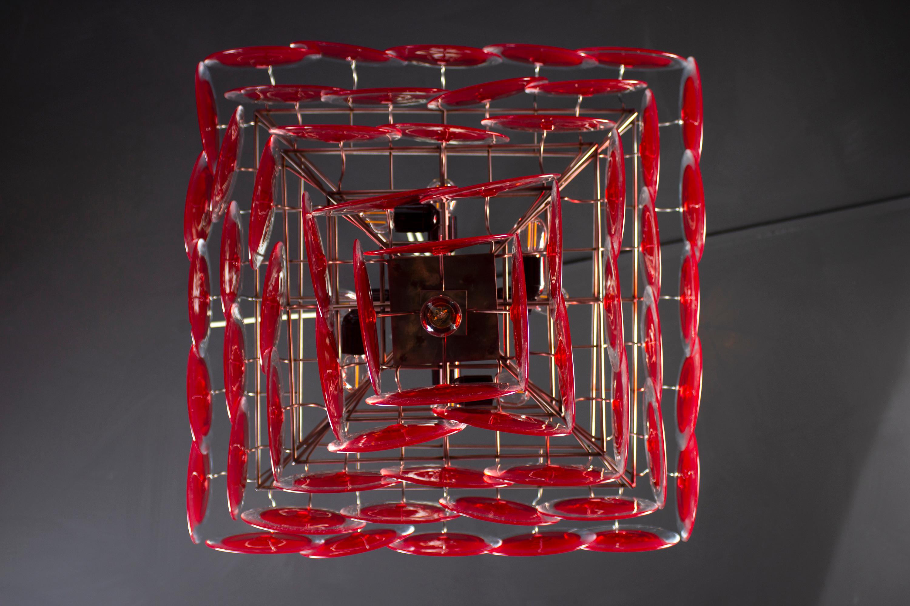 Striking Red Disc Murano Chandelier For Sale 1