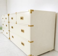 Striking Restored Pair of Vintage Henredon Campaign Chests in Cream Lacquer