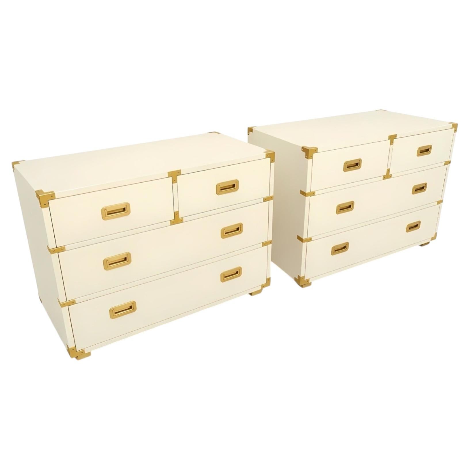 Striking Restored Pair of Vintage Henredon Campaign Chests in Cream Lacquer For Sale