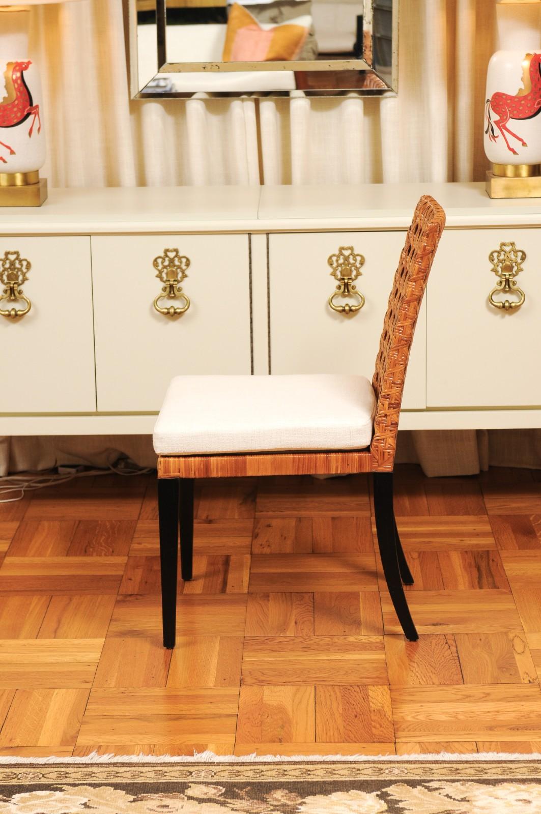 Striking Restored Set of 12 Vintage Caramel Cane and Black Lacquer Side Chairs For Sale 4