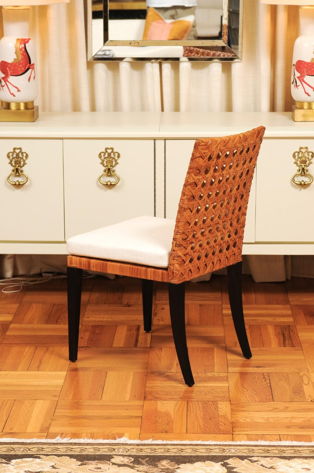 Striking Restored Set of 12 Vintage Caramel Cane and Black Lacquer Side Chairs For Sale 8