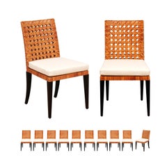 Striking Restored Set of 12 Vintage Caramel Cane and Black Lacquer Side Chairs