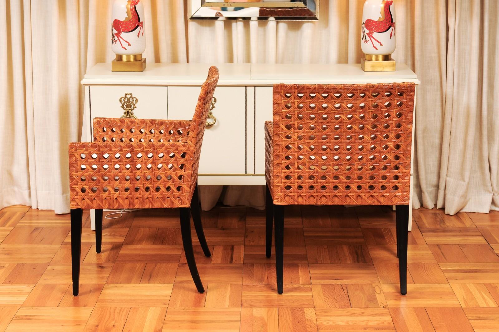 Striking Restored Set of 8 Vintage Caramel Cane and Black Lacquer Arm Chairs For Sale 5
