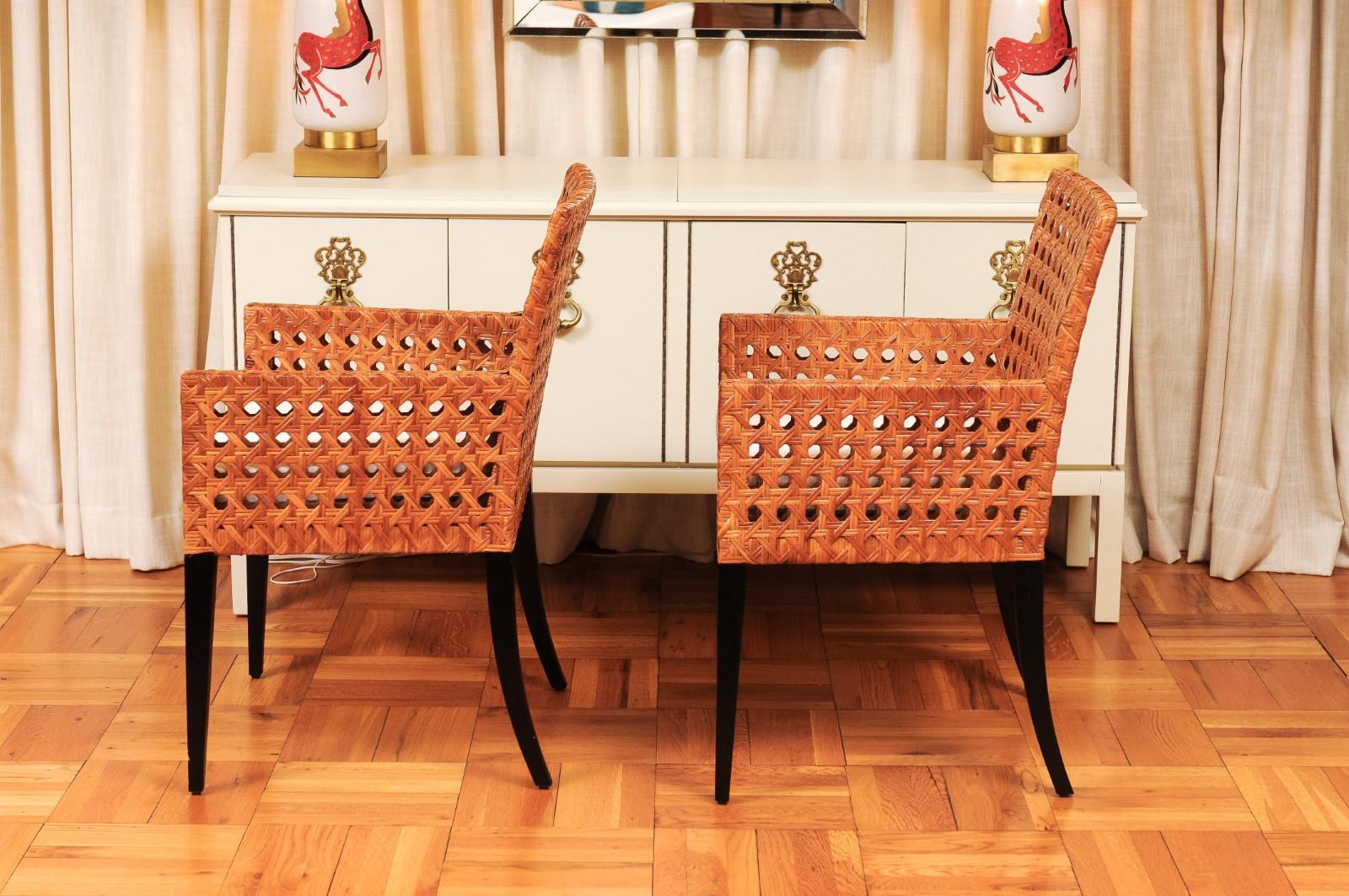 Striking Restored Set of 8 Vintage Caramel Cane and Black Lacquer Arm Chairs For Sale 6