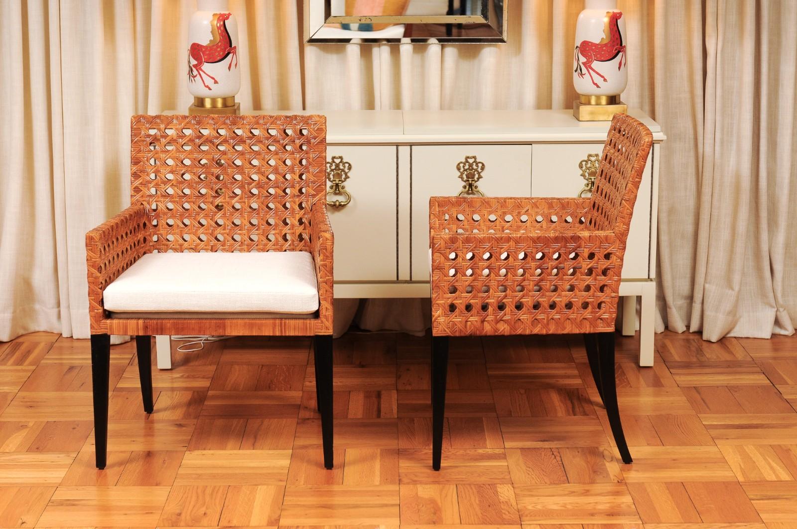 Striking Restored Set of 8 Vintage Caramel Cane and Black Lacquer Arm Chairs For Sale 7