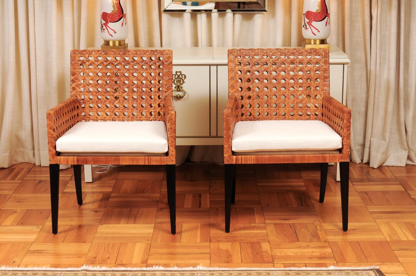 Striking Restored Set of 8 Vintage Caramel Cane and Black Lacquer Arm Chairs For Sale 8