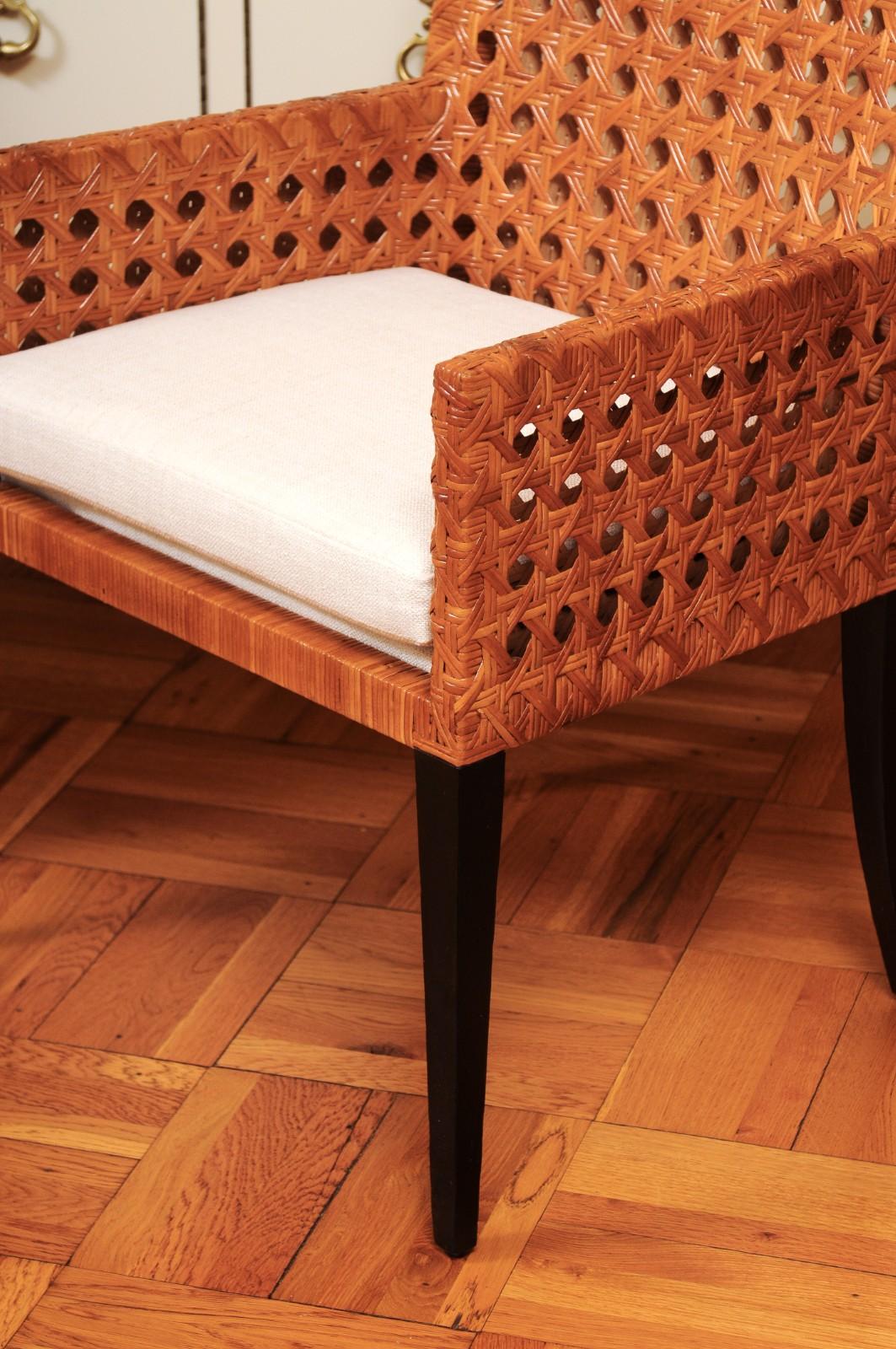 Striking Restored Set of 8 Vintage Caramel Cane and Black Lacquer Arm Chairs For Sale 10