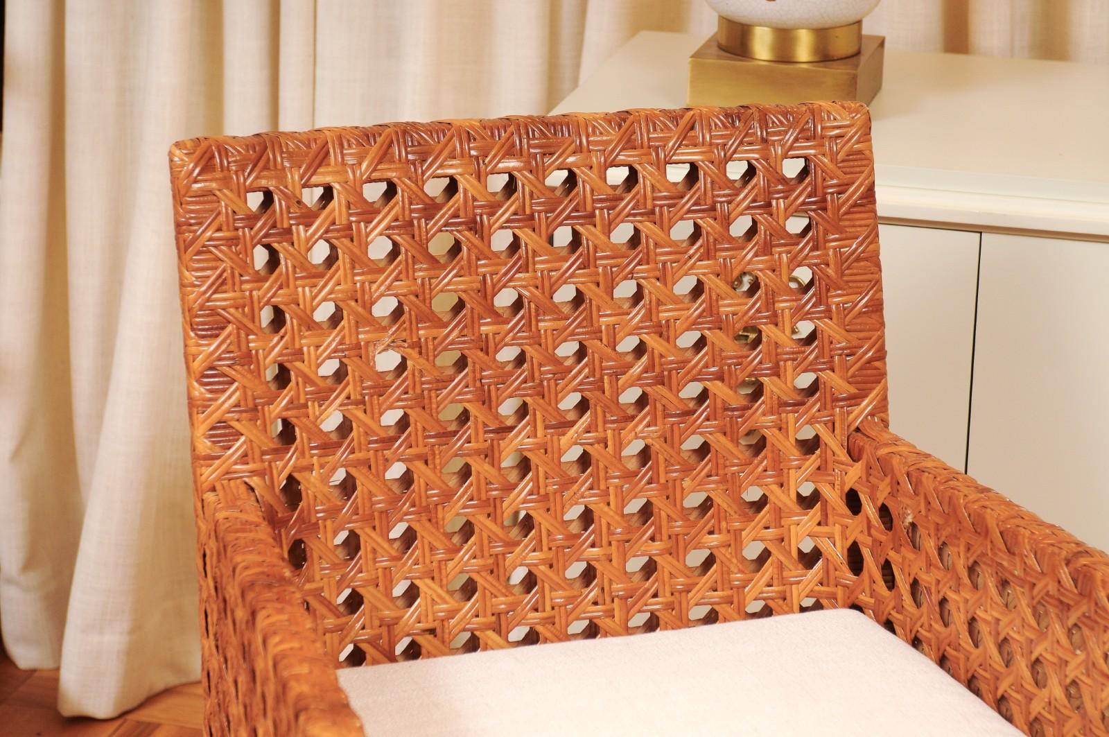 Striking Restored Set of 8 Vintage Caramel Cane and Black Lacquer Arm Chairs For Sale 11
