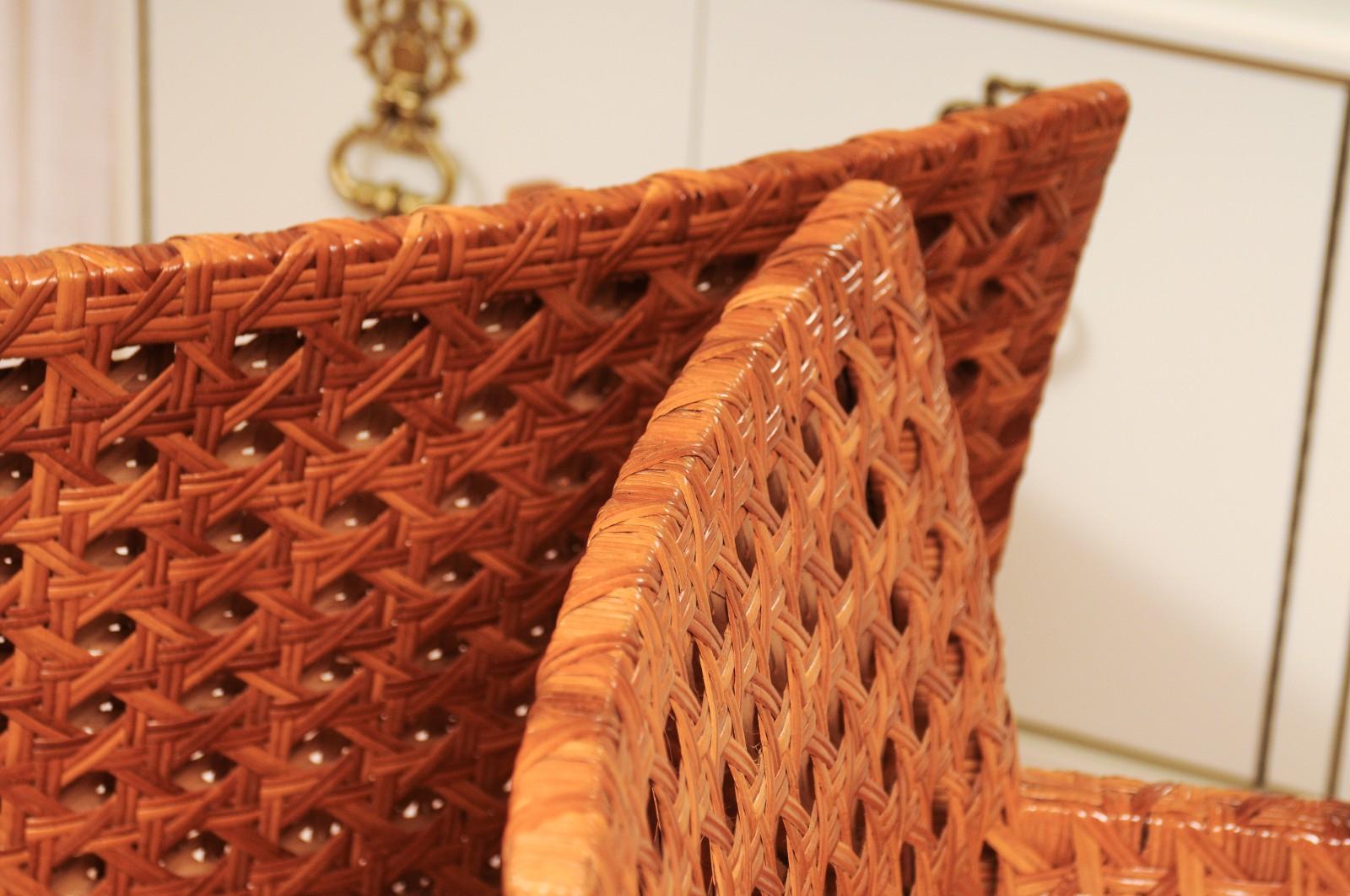 Striking Restored Set of 8 Vintage Caramel Cane and Black Lacquer Arm Chairs For Sale 12