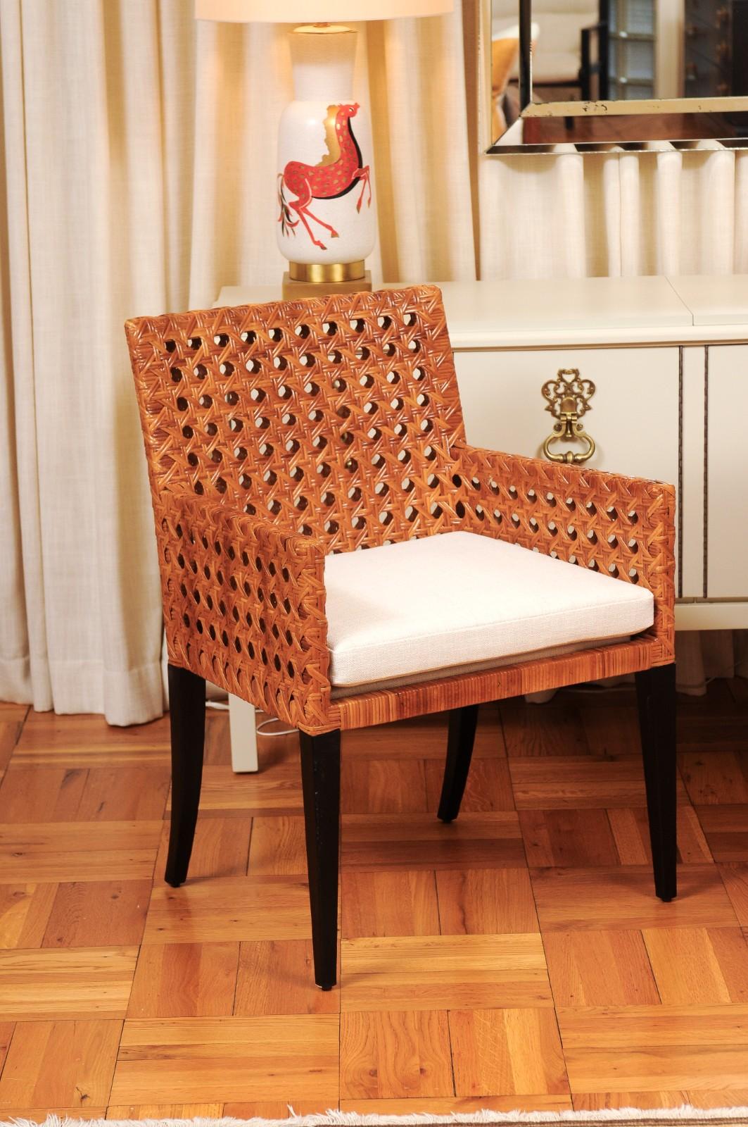 Organic Modern Striking Restored Set of 8 Vintage Caramel Cane and Black Lacquer Arm Chairs For Sale