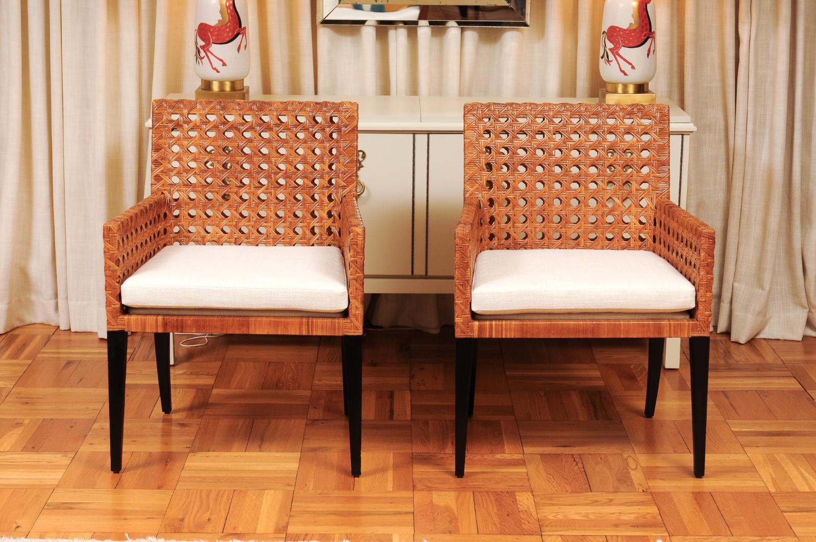 Late 20th Century Striking Restored Set of 8 Vintage Caramel Cane and Black Lacquer Arm Chairs For Sale