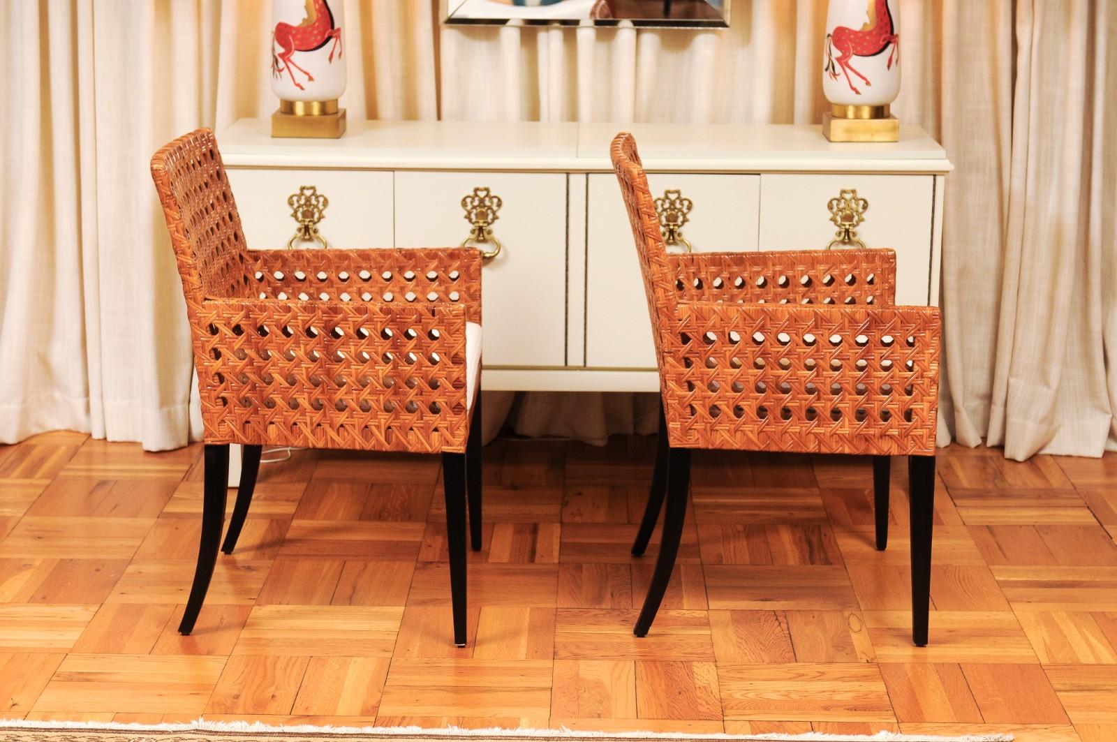 Striking Restored Set of 8 Vintage Caramel Cane and Black Lacquer Arm Chairs For Sale 2