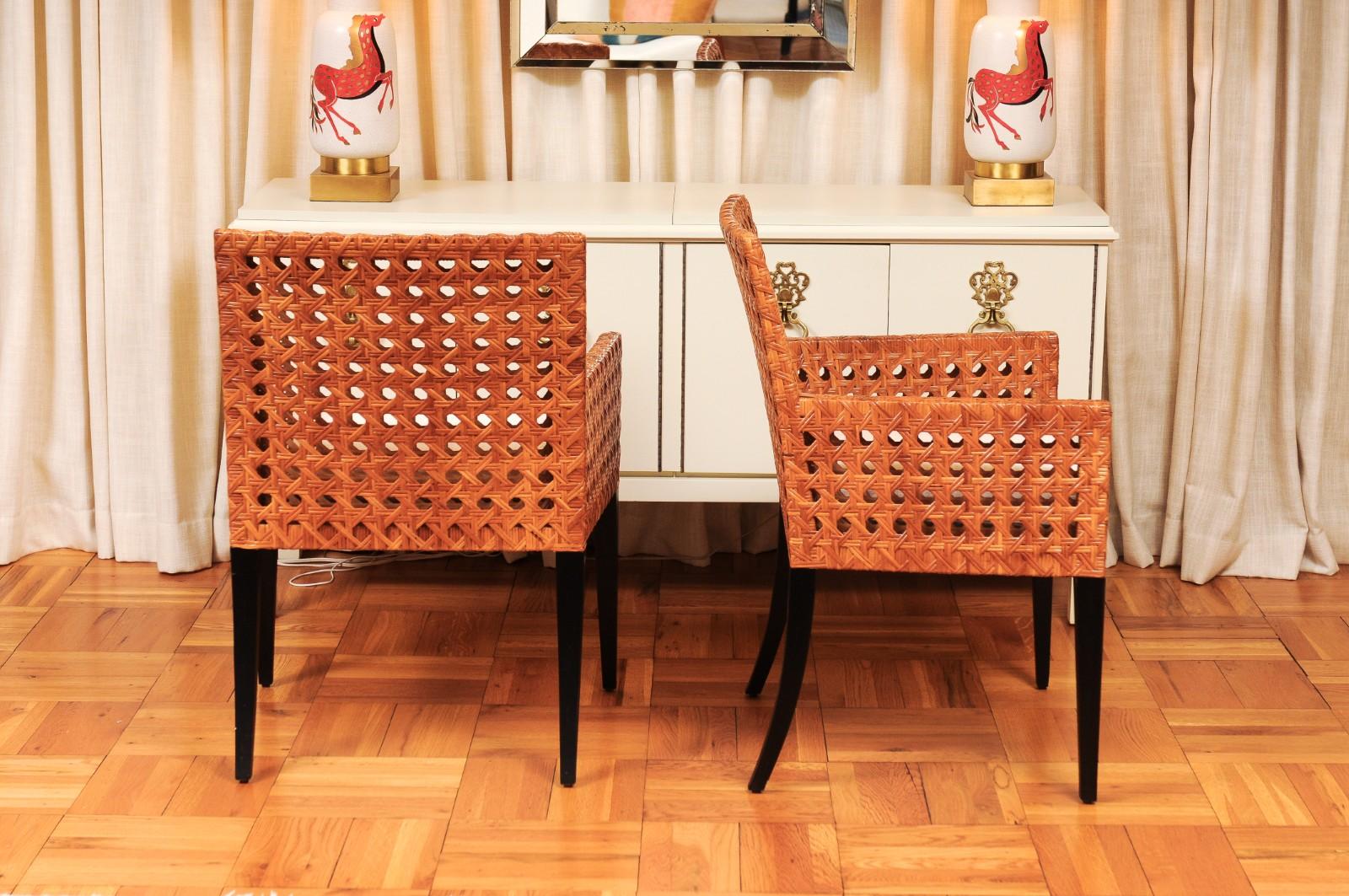 Striking Restored Set of 8 Vintage Caramel Cane and Black Lacquer Arm Chairs For Sale 3