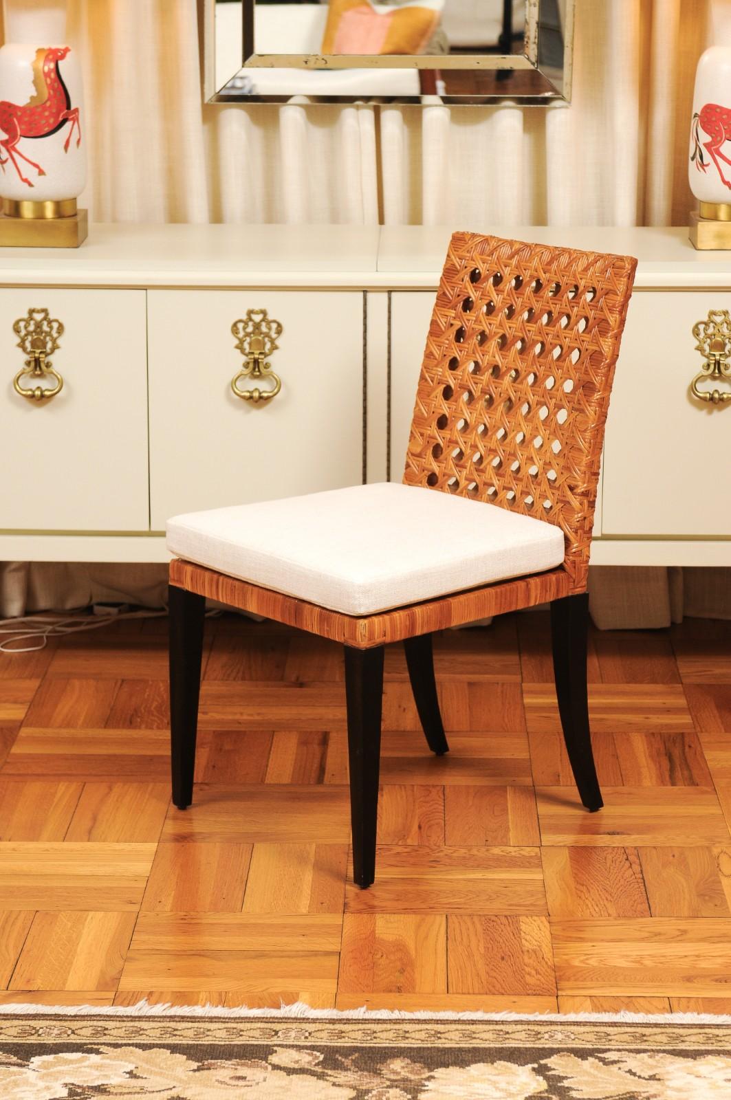 Striking Restored Set of 8 Vintage Caramel Cane and Black Lacquer Side Chairs For Sale 5