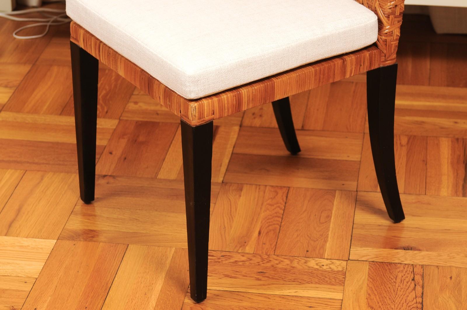 Striking Restored Set of 8 Vintage Caramel Cane and Black Lacquer Side Chairs For Sale 6