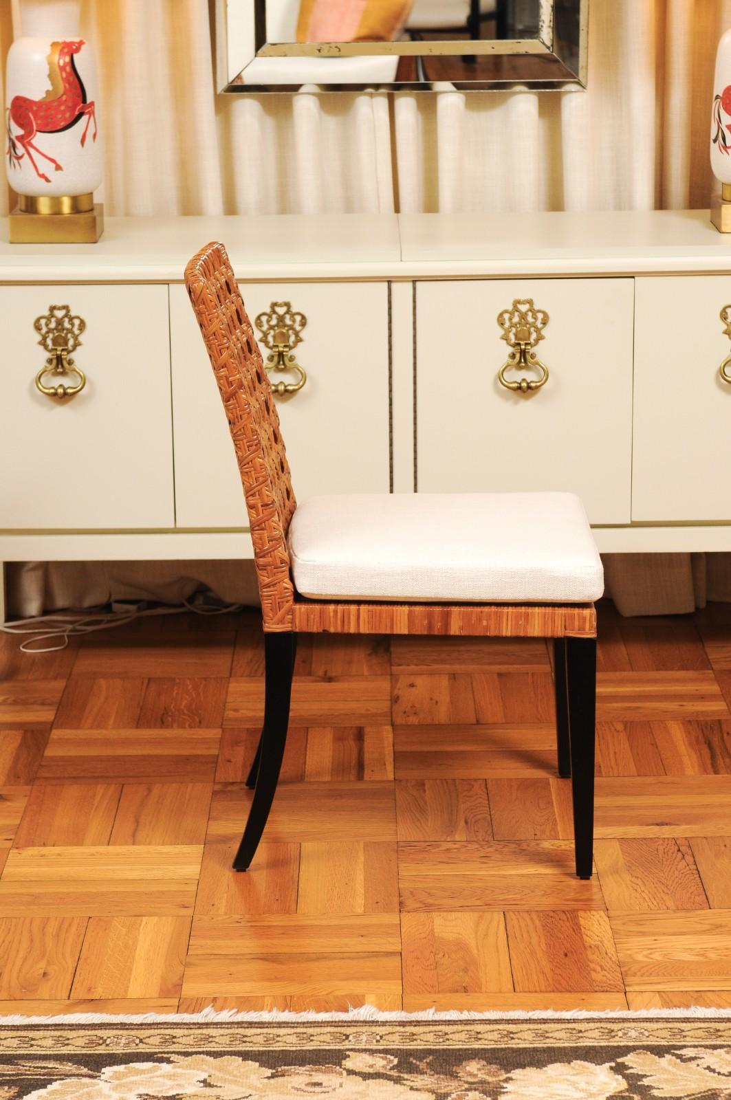 Striking Restored Set of 8 Vintage Caramel Cane and Black Lacquer Side Chairs For Sale 8