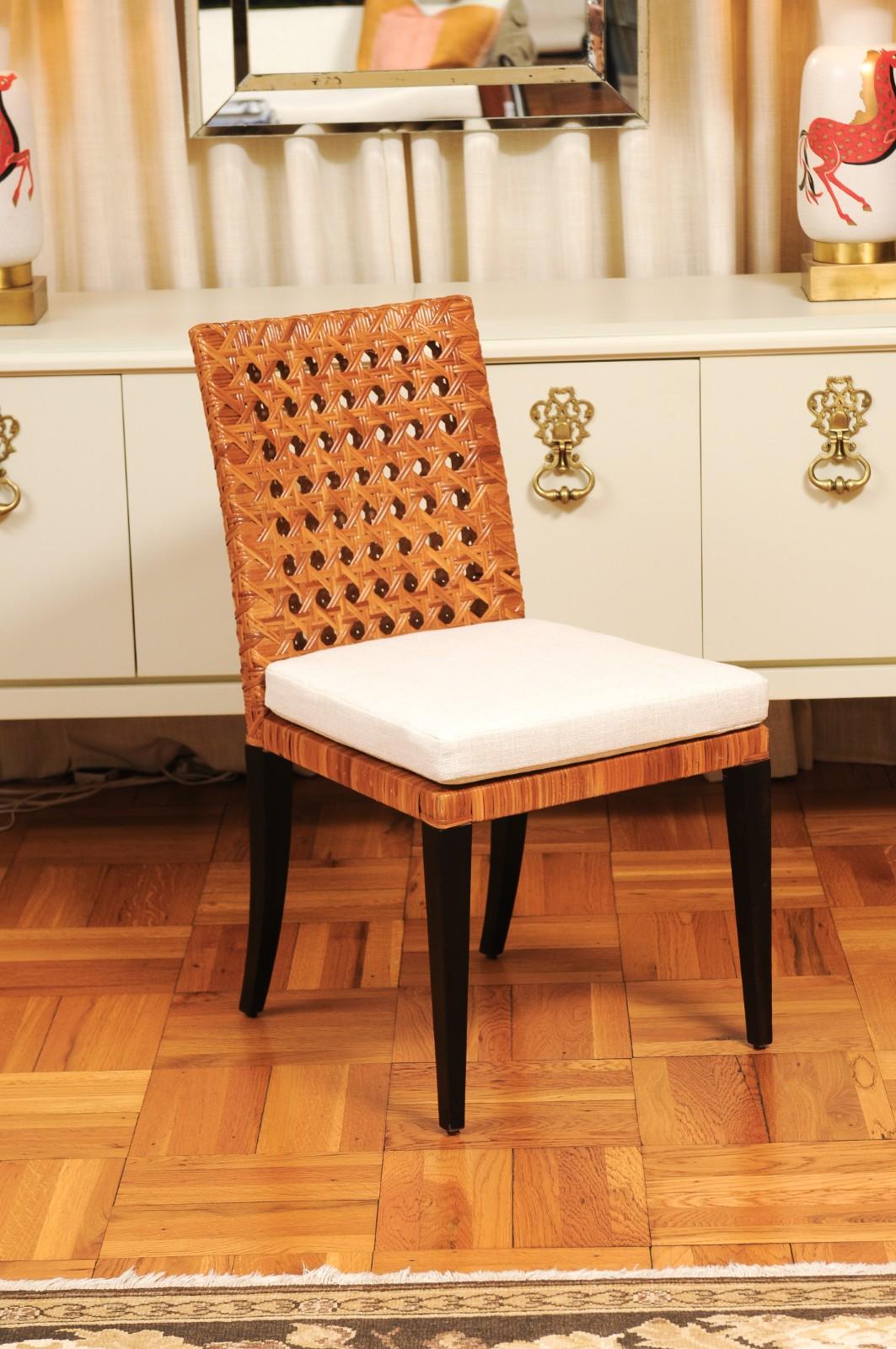 Organic Modern Striking Restored Set of 8 Vintage Caramel Cane and Black Lacquer Side Chairs For Sale