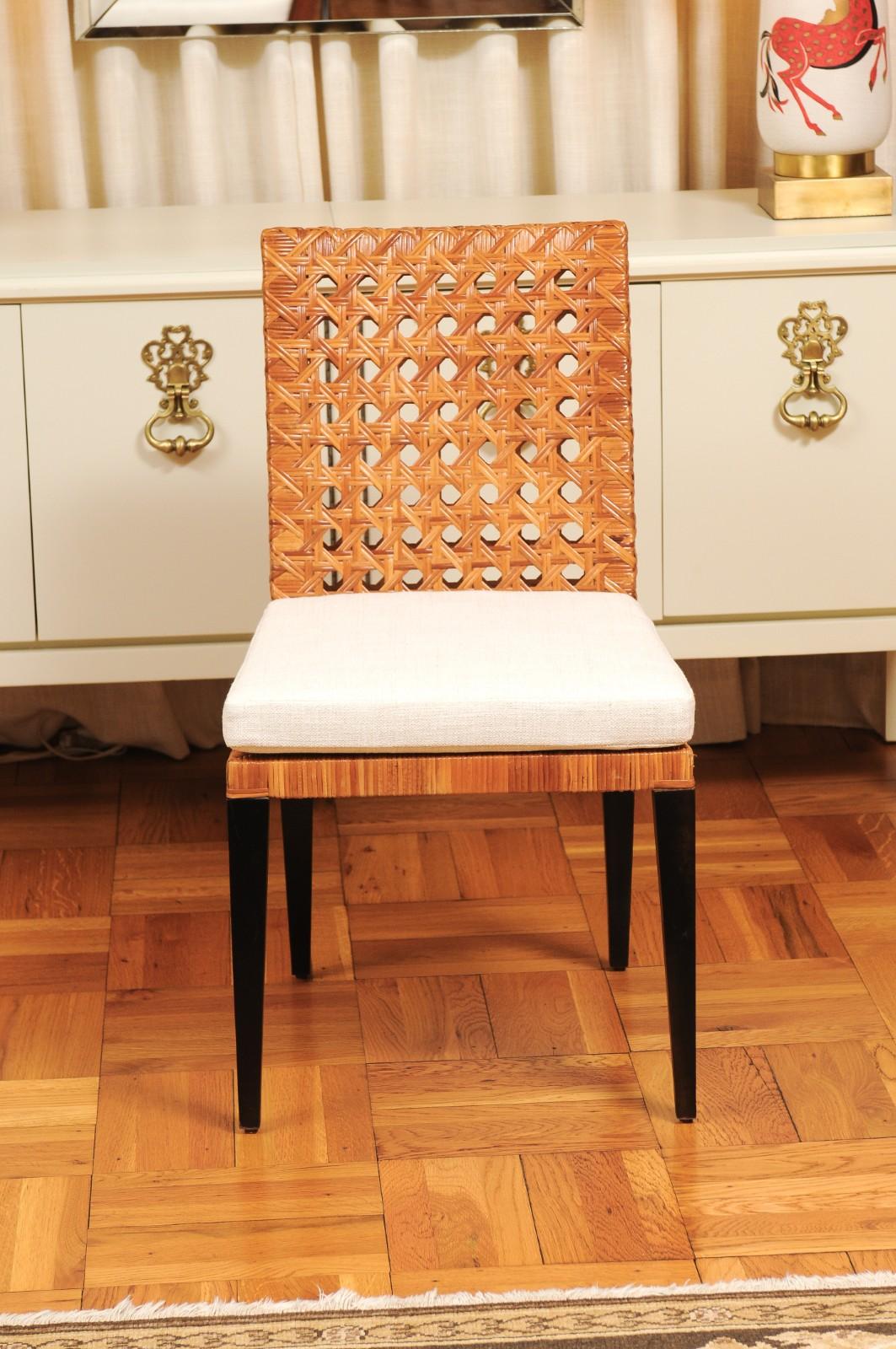 Unknown Striking Restored Set of 8 Vintage Caramel Cane and Black Lacquer Side Chairs For Sale