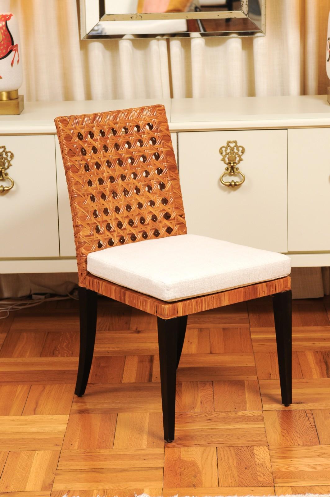 Striking Restored Set of 8 Vintage Caramel Cane and Black Lacquer Side Chairs In Excellent Condition For Sale In Atlanta, GA