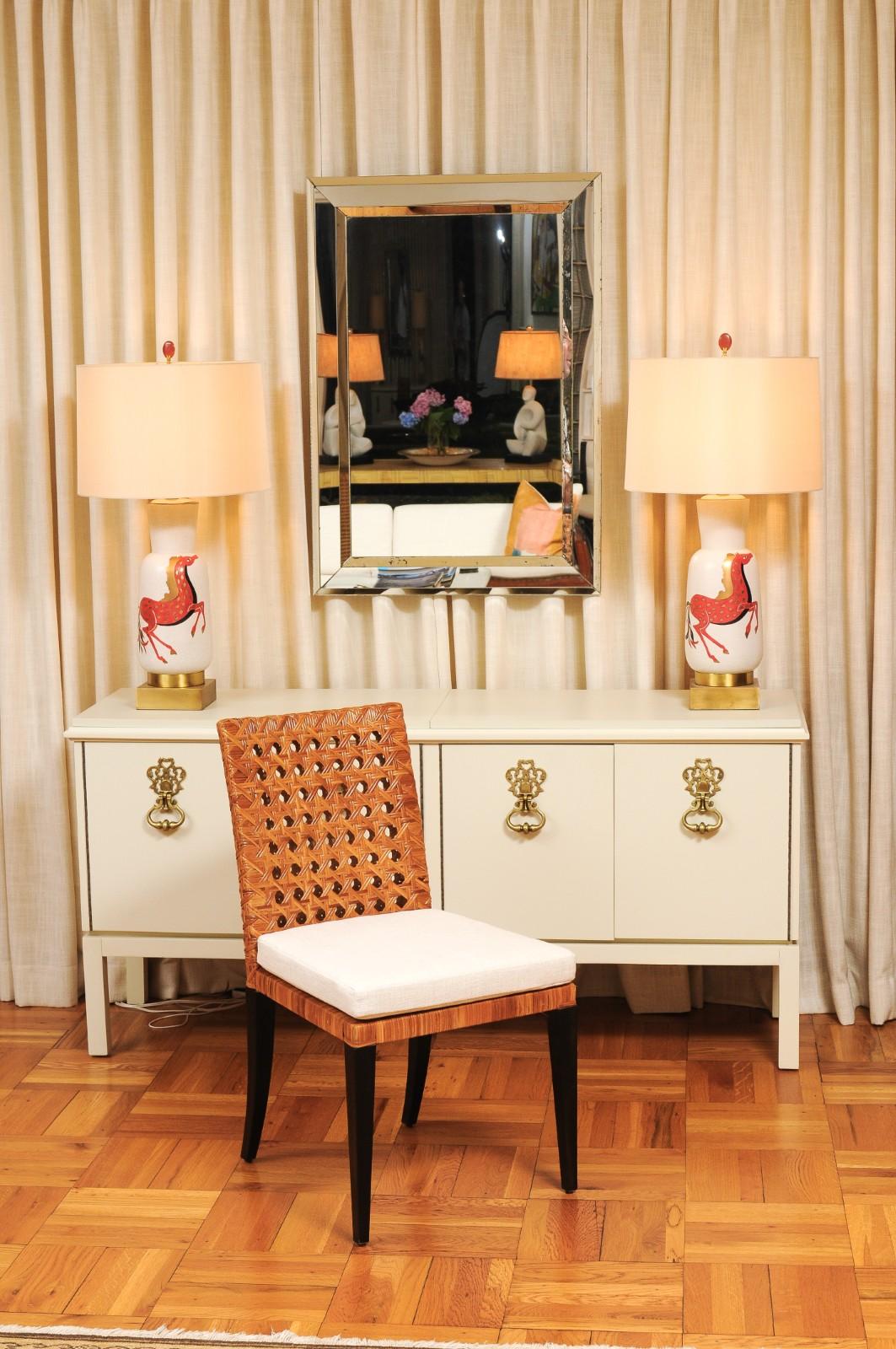 Late 20th Century Striking Restored Set of 8 Vintage Caramel Cane and Black Lacquer Side Chairs For Sale