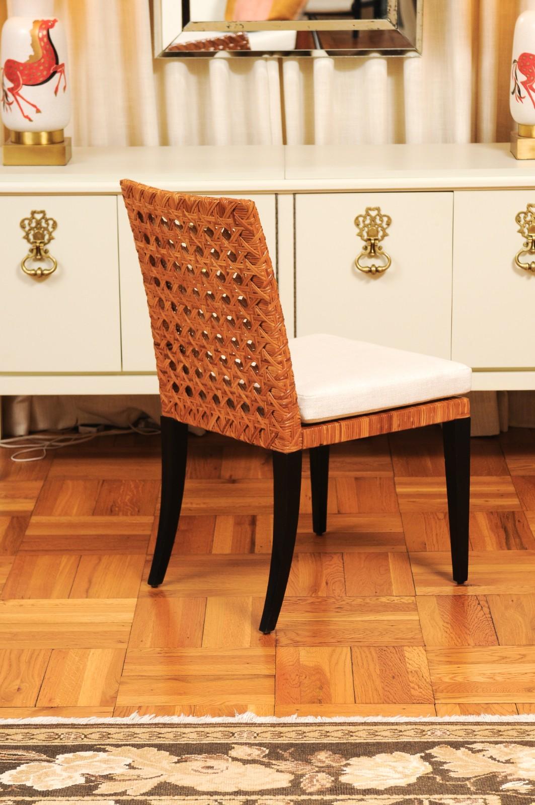 Striking Restored Set of 8 Vintage Caramel Cane and Black Lacquer Side Chairs For Sale 1