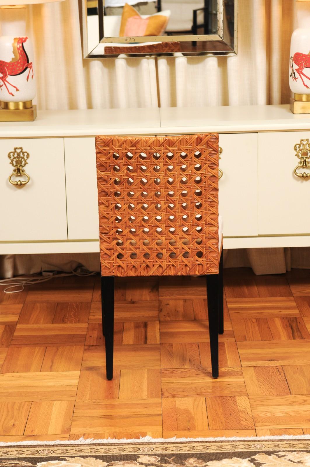 Striking Restored Set of 8 Vintage Caramel Cane and Black Lacquer Side Chairs For Sale 2