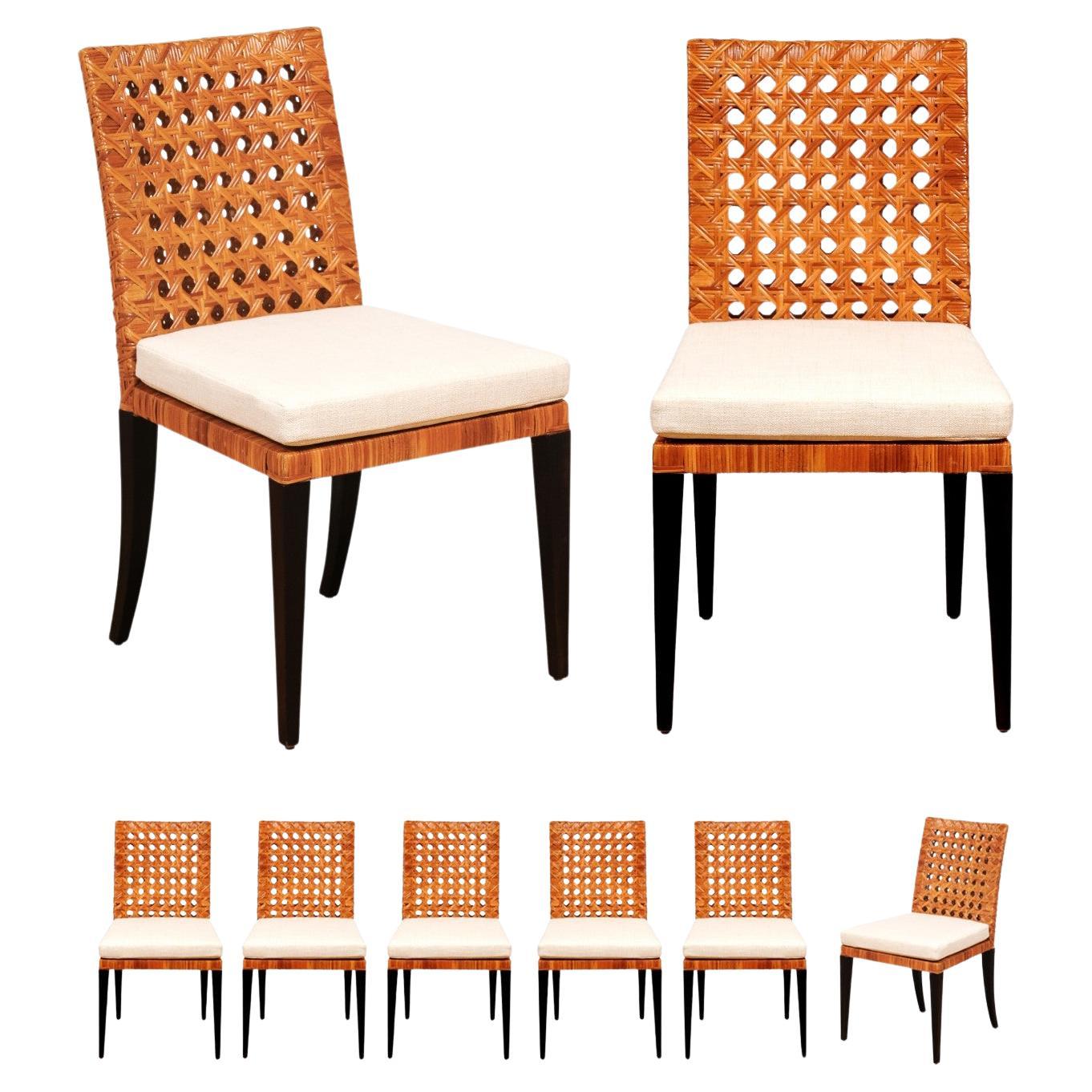 Striking Restored Set of 8 Vintage Caramel Cane and Black Lacquer Side Chairs