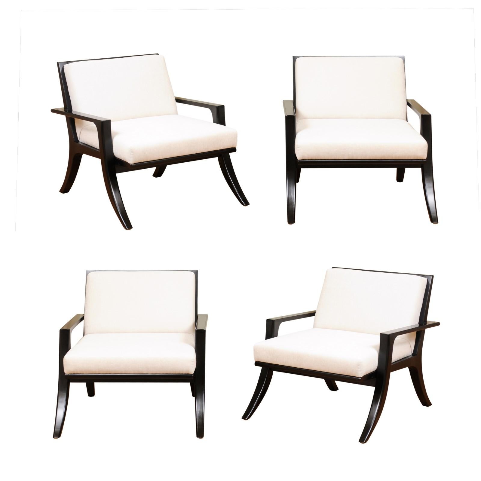 These magnificent lounge chairs are shipped as professionally photographed and described in the listing narrative: Meticulously professionally restored, expertly upholstered and installation ready. There are two (2) identical pairs available. The