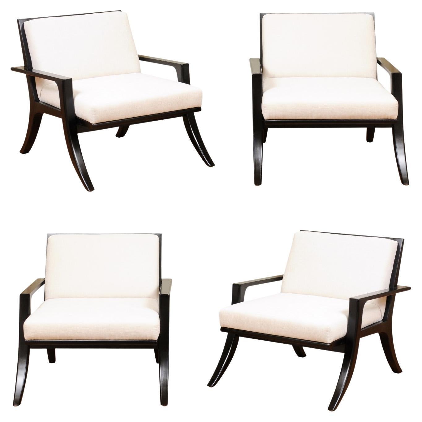 Striking Restored Set of Four '4' Mahogany and Cane Klismos Loungers For Sale