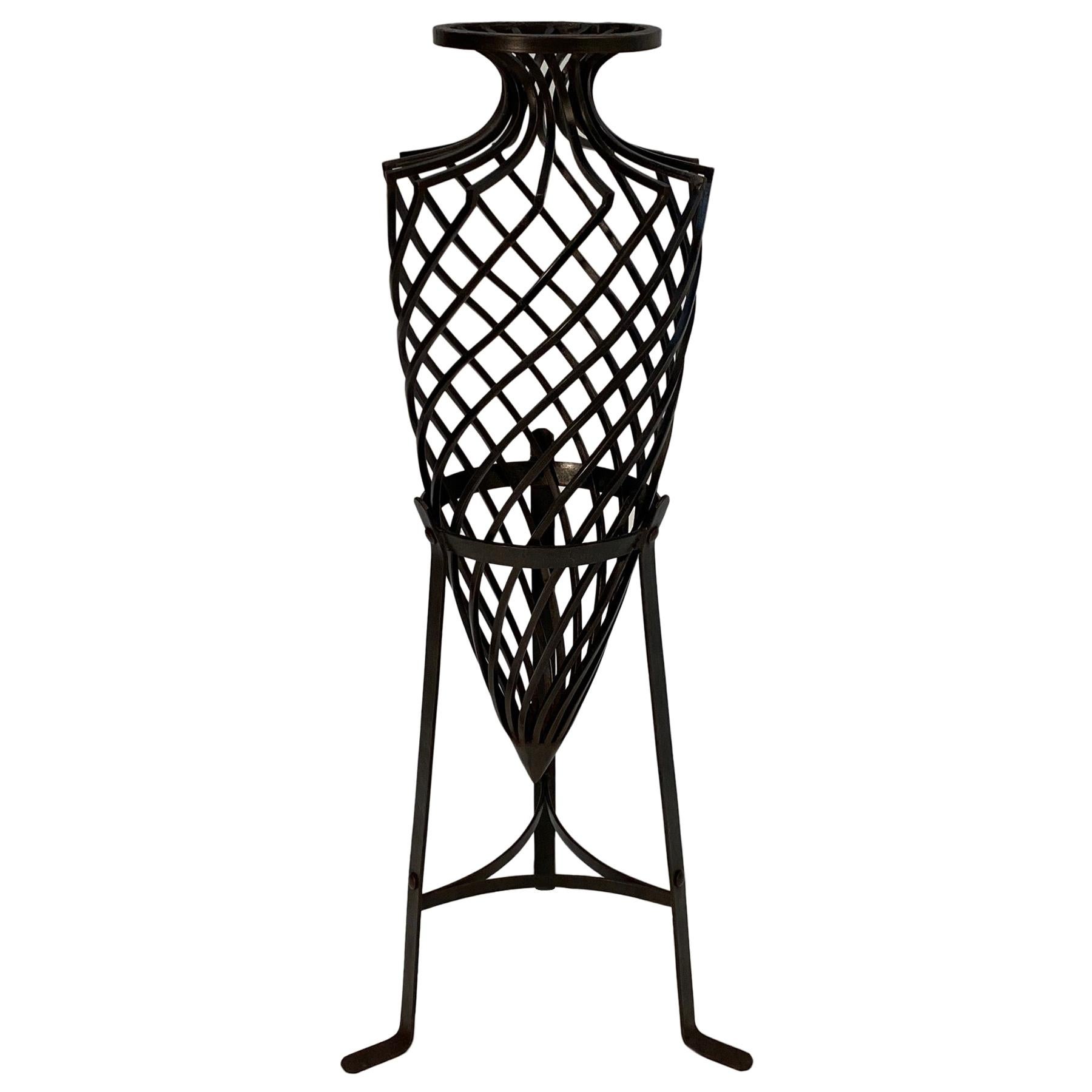 Striking Sculptural Wrought Iron Grecian Urn on Stand For Sale