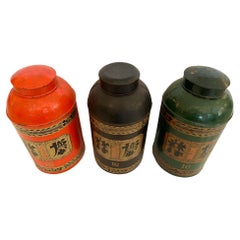 Striking Set  3 Large Antique  Colorful Handpainted Chinese Metal Tea Canisters