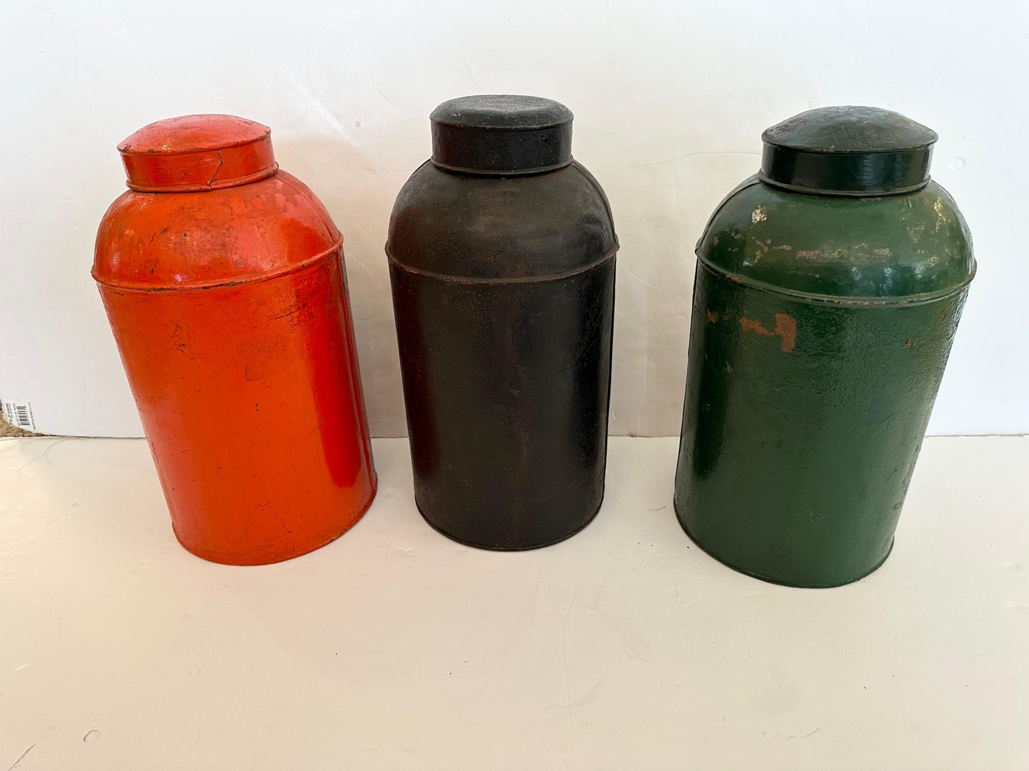 Striking Set  3 Large Antique  Colorful Handpainted Chinese Metal Tea Canisters For Sale 2