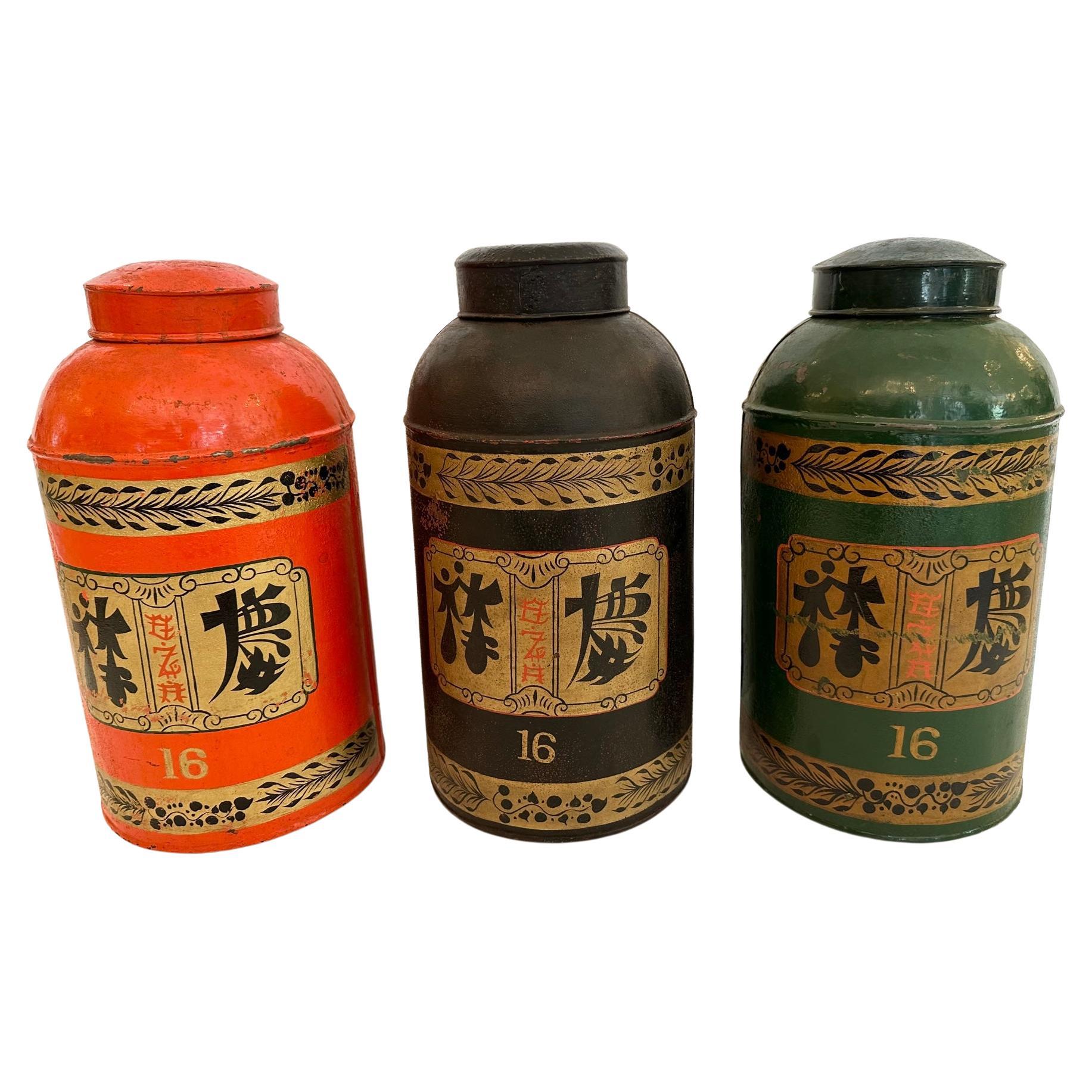 Striking Set  3 Large Antique  Colorful Handpainted Chinese Metal Tea Canisters For Sale