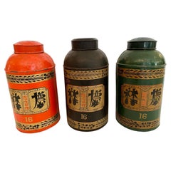 Striking Set  3 Large Antique  Colorful Handpainted Chinese Metal Tea Canisters